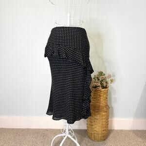 Cute vintage y2k black polka dot silky asymmetrical ruffle midi skirt